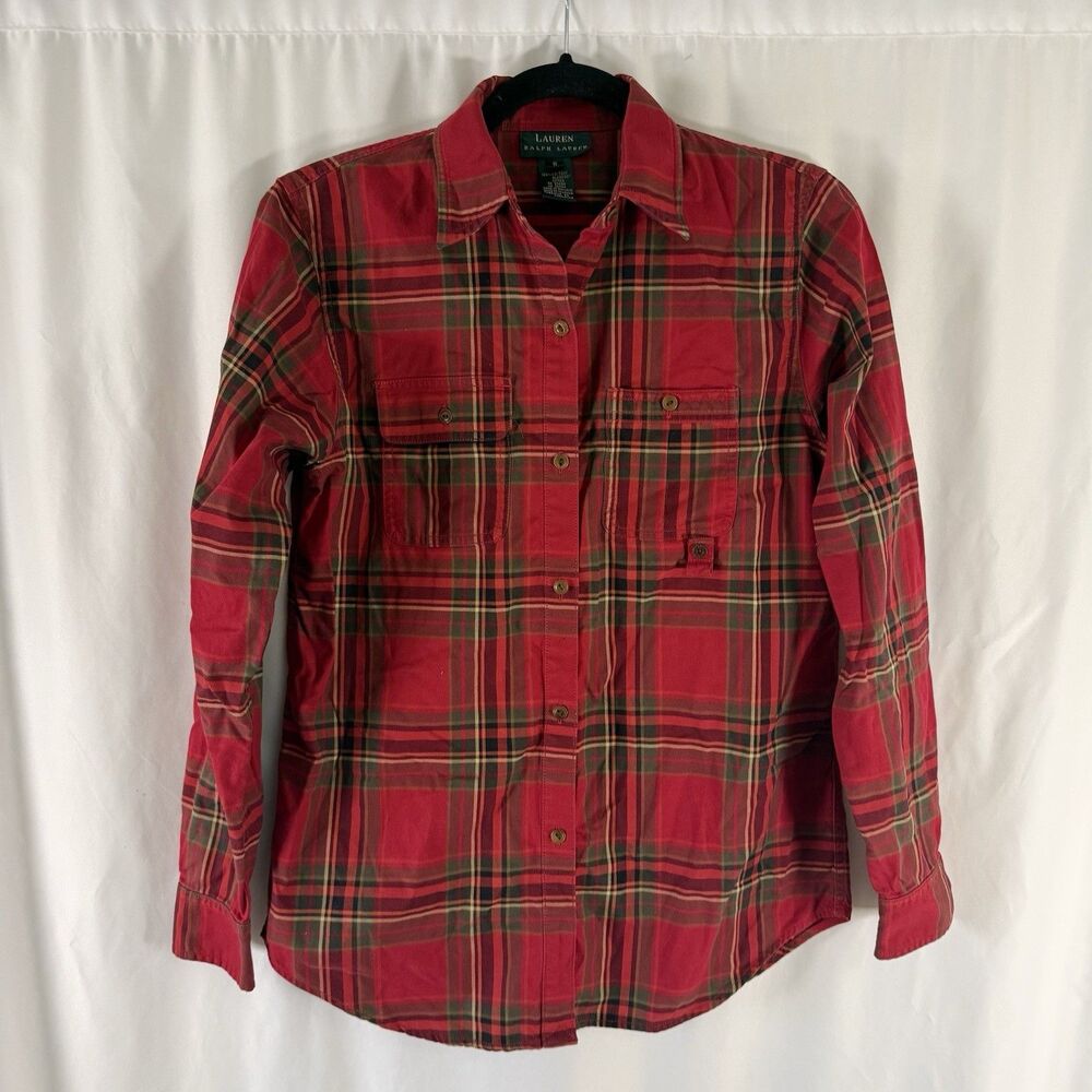 Lauren Ralph Lauren Blouse Women's Small Red Plaid Button Up Long Sleeve Cotton